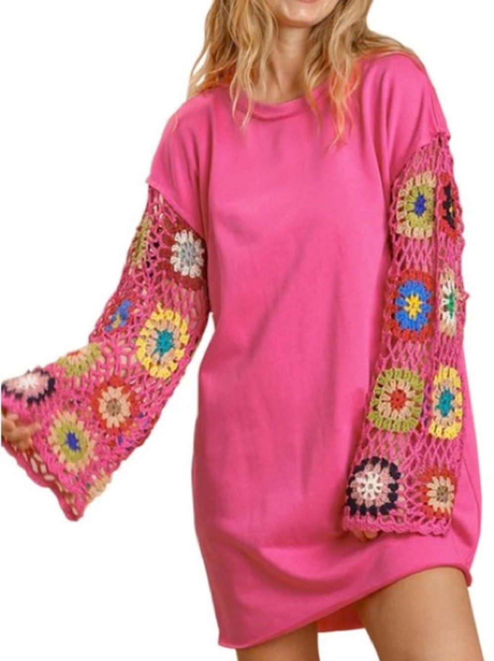 Umgee | NWT Red Long-Sleeve Sweatshirt Dress w/pockets & Crochet Sleeves Sz L